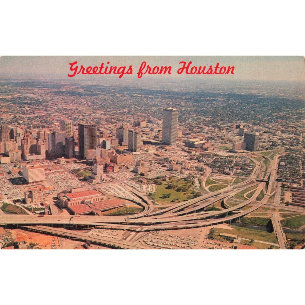 Vintage 1967 Houston Texas Skyline Spaghetti Bowl Freeway Astrocard Postcard - Picture 1 of 2